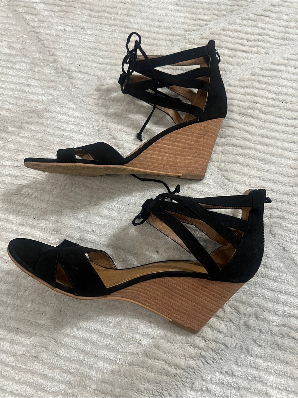 14th & Union Black Suede Lace-Up Wedge Sandals with Tan Stacked Heel